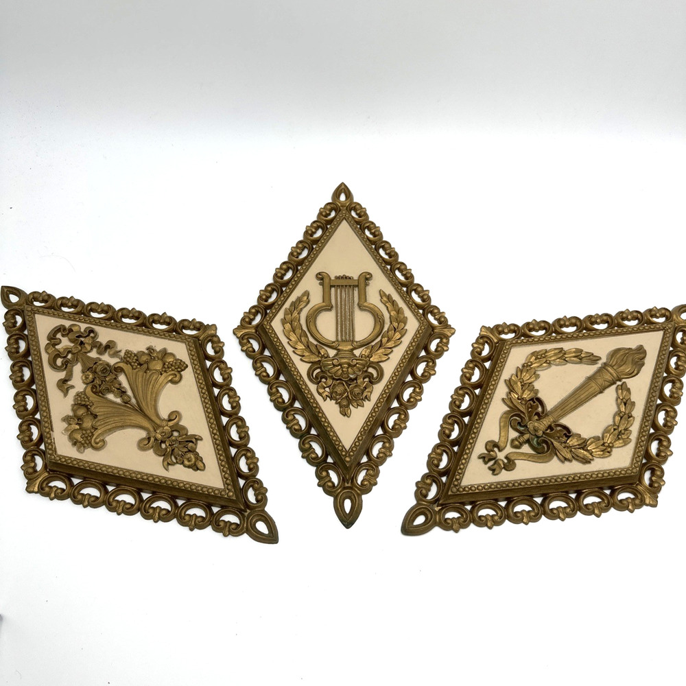 Set Of 3 Vintage Homco Diamond Shape Wall Plaque Gold Tone 13 X 7